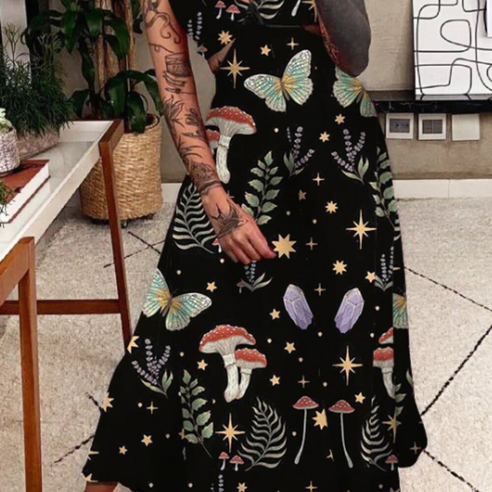 Bohemian Black Maxi Dress with Butterfly & Mushroom Motif